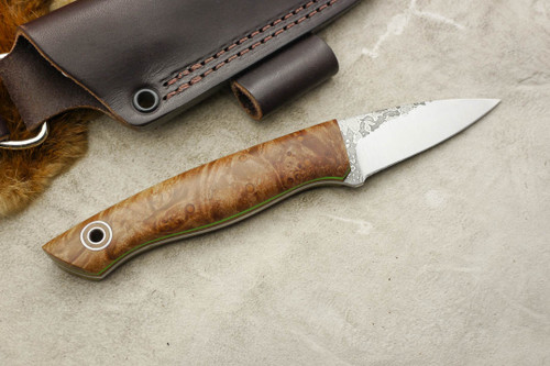 Fiddleback Forge, Andy Roy - Bushcraft Karda - Maple Burl - Flat Tang - Natural & Lime Green Liners - 1