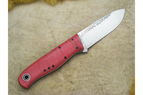 Fiddleback Forge, Andy Roy - Bushcrafter - Dyed Maple Burl - Tapered Tang - Black and White Liners - 16