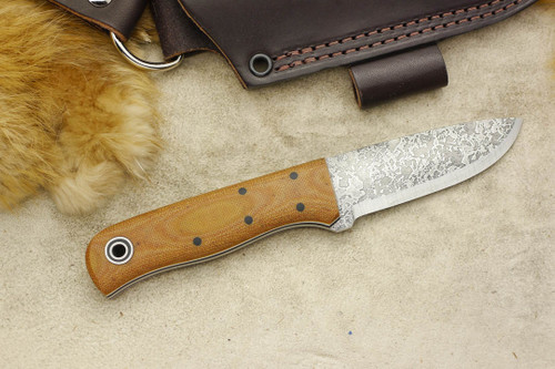 Fiddleback Forge, Andy Roy - Bushcrafter Jr. - Natural Canvas Micarta - Flat Tang - Black & White Liners - 10