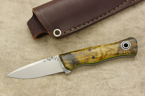 Fiddleback Forge, Andy Roy - Esquire - Buckeye Burl - Flat Tang - Black and Lime Green Liners - 8
