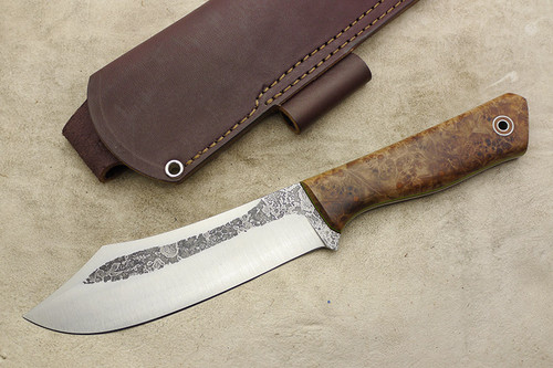 Fiddleback Forge, Andy Roy - Forager - Maple Burl - Tapered Tang - Natural & Lime Green Liners - 1