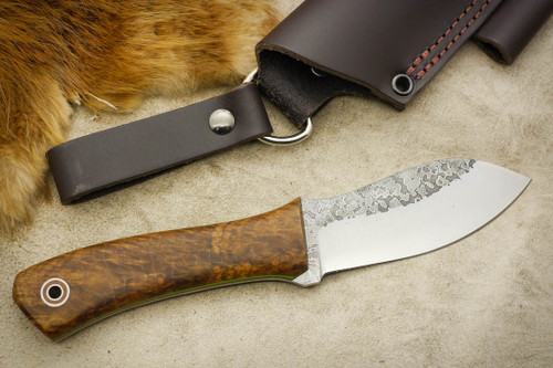 Fiddleback Forge, Andy Roy - Nessmuk - Satin Burl - Tapered Tang - Natural & Lime Green Liners - 8