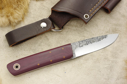 Fiddleback Forge, Andy Roy - Scout - Maroon Canvas Micarta - Flat Tang - Natural & White Liners - 3