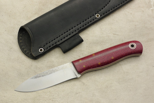 Fiddleback Forge, Andy Roy Custom Arete Fixed Blade (Tapered Tang), Knife w/ Ruby Burlap Handle & Thick Natural & Thin White Liners - 7