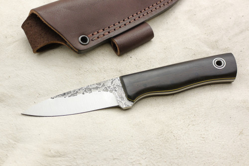 Fiddleback Forge, Andy Roy Custom Bear Cub Fixed Blade (Flat Tang), Knife w/ African Blackwood Handle & Thick Black & Thin Yellow Liners - 7