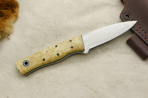Fiddleback Forge, Andy Roy Custom Bear Cub Fixed Blade (Flat Tang), Knife w/ Box Elder Burl Handle & Thick Black & Thin Lime Green Liners - 6 Fiddleback Forge, Andy Roy Custom Bear Cub Fixed Blade (Flat Tang), Knife w/ Box Elder Burl Handle & Thick Black & Thin Lime Green Liners - 6