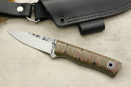 Fiddleback Forge, Andy Roy Custom Bear Cub Fixed Blade (Tapered Tang), Knife w/ Coffee Burlap Handle And Thick Black & Thin Lime Green Liners - 5