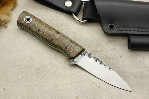 Fiddleback Forge, Andy Roy Custom Bear Cub Fixed Blade (Tapered Tang), Knife w/ Coffee Burlap Handle And Thick Black & Thin Lime Green Liners - 5