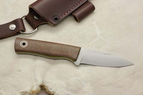 Fiddleback Forge, Andy Roy Custom Bear Cub Fixed Blade (Tapered Tang), Knife w/ Terracotta Burlap Handle And Thick Natural & Thin Lime Green Liners - 3