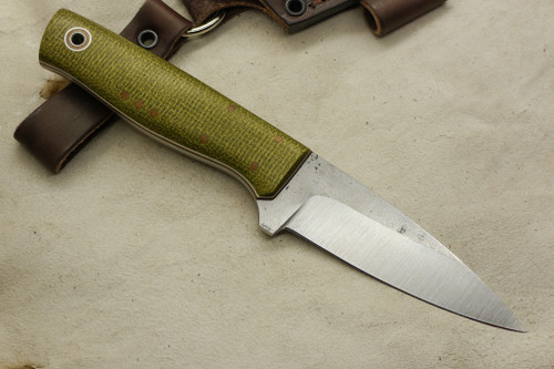 Fiddleback Forge, Andy Roy Custom Bear Paw BushcrafterFixed Blade (Tapered Tang), Knife w/ Emerald Burlap Handle & Thick Natural & Thin White Liners - Trinity Pinout - 1