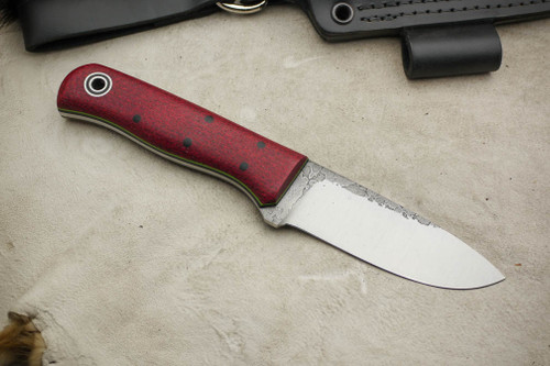Fiddleback Forge, Andy Roy Custom Bushcrafter Jr. Fixed Blade (Flat Tang), Knife w/ Ruby Burlap Handle & Thick Black & Thin Lime Green Liners - 6 Fiddleback Forge, Andy Roy Custom Bushcrafter Jr. Fixed Blade (Flat Tang), Knife w/ Ruby Burlap Handle & Thick Black & Thin Lime Green Liners - 6