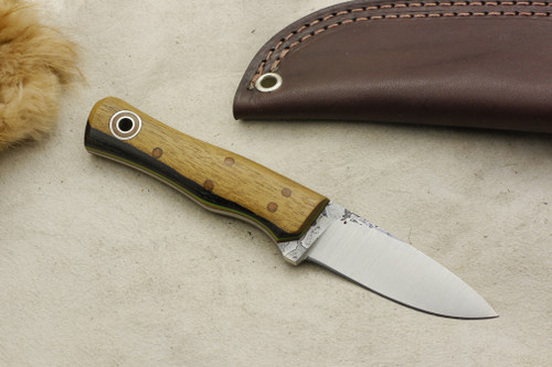 Fiddleback Forge, Andy Roy Custom Esquire Fixed Blade (Tapered Tang) Knife w/ African Blackwood Handle & Thick Natural & Thin Lime Green Liners - 6