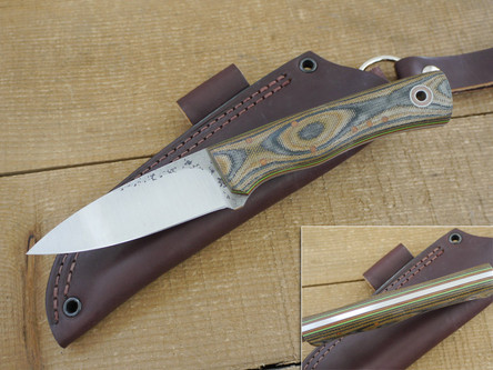 Fiddleback Forge, Andy Roy Custom Kephart Fixed Blade Knife, (Flat Tang) w/ OD Camo Micarta Handle & Thick Natural & Thin Lime Green Liners - #17