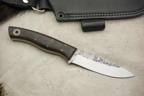 Fiddleback Forge, Andy Roy Custom Ladyfinger Fixed Blade (Flat Tang) Knife w/ Brown & Black Canvas Micarta Handle & Thick Natural & Thin Yellow Liners - 6 Fiddleback Forge, Andy Roy Custom Ladyfinger Fixed Blade (Flat Tang) Knife w/ Brown & Black Canvas Micarta Handle & Thick Natural & Thin Yellow Liners - 6