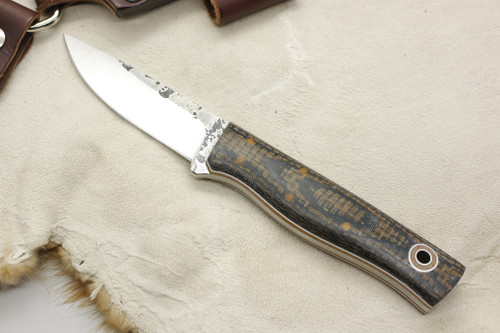 Fiddleback Forge, Andy Roy Custom Patch Knife Fixed Blade (Flat Tang), Hunting Collector Knife w/ Black Canvas & Tan Burlap Handle & Thick Natural & Thin White Liners - 2