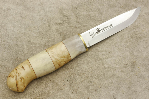 Karesuando Kniven 3524 Willow Grouse - Fixed Blade Knife - Oiled Curly Birch and Reindeer Antler Handle - 3.875" 12C27 Stainless Steel Blade - 2