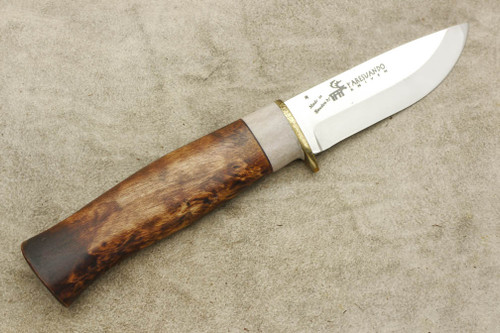 Karesuando Kniven 3572 Hunter 8 - Fixed Blade Knife - Oiled Curly Birch and Reindeer Antler Handle - 3.25" 12C27 Stainless Steel Blade - 1 Karesuando Kniven 3572 Hunter 8 - Fixed Blade Knife - Oiled Curly Birch and Reindeer Antler Handle - 3.25" 12C27 Stainless Steel Blade - 1
