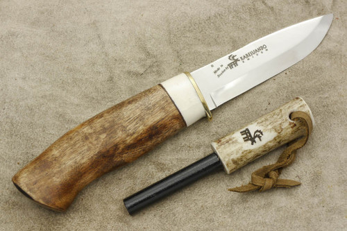 Karesuando Kniven 3586 Survival Knife - Fixed Blade Knife - Oiled Curly Birch and Reindeer Antler Handle - 3.875" 12C27 Stainless Steel Blade - Reindeer Antler Firesteel - 2 Karesuando Kniven 3586 Survival Knife - Fixed Blade Knife - Oiled Curly Birch and Reindeer Antler Handle - 3.875" 12C27 Stainless Steel Blade - Reindeer Antler Firesteel - 2