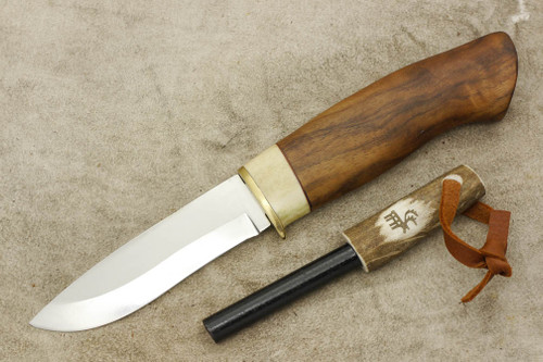 Karesuando Kniven 3586W Survival Knife - Fixed Blade Knife - Walnut and Reindeer Antler Handle - 3.875" 12C27 Stainless Steel Blade - Reindeer Antler Firesteel - 2