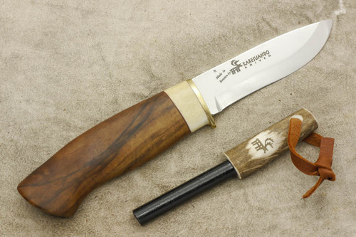 Karesuando Kniven 3586W Survival Knife - Fixed Blade Knife - Walnut and Reindeer Antler Handle - 3.875" 12C27 Stainless Steel Blade - Reindeer Antler Firesteel - 2