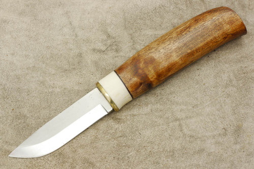 Karesuando Kniven 4021B Johtalit Hikers Knife, Brown - Fixed Blade Knife - Brown Oiled Curly Birch and Reindeer Antler Handle - 3.25" 12C27 Stainless Steel Blade - 2