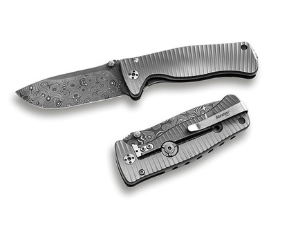 LionSteel Knives SR2 MINI SR2DL-G, (Damascus Steel, RAINDROP Pattern) Folding Pocket Knife w/ Grey Textured Monolithic Titanium Frame/Handle