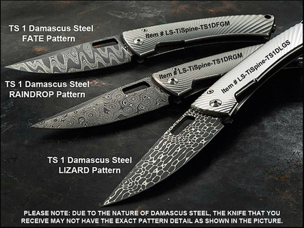 LionSteel Knives TiSpine TS1DF-GM, (Damascus Steel, FATE Pattern) Folding Pocket Knife w/ Grey Textured Monolithic Titanium Frame/Handle - Matte Finish