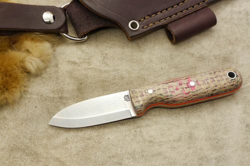 LT Wright Knives Bushbaby - Scandi Grind - Drunken Coffee Bag Burlap - Silver Pins - Orange Liners