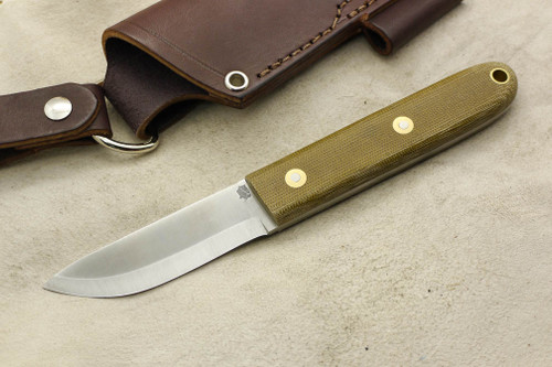 LT Wright Knives: Boattail Scandi Fixed Blade Knife w/ Green Canvas Micarta Handle - Matte Finish