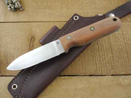 LT Wright Knives: Bushcrafter (Flat Grind) Fixed Blade Knife w/ Natural Canvas Micarta Handle - Matte Finish