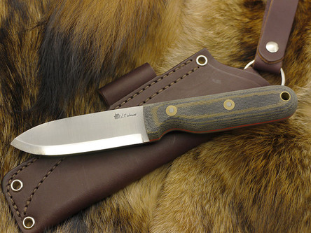 LT Wright Knives: Bushcrafter (Scandi Grind) Fixed Blade Knife w/ Green & Black Canvas Micarta Handle & Orange Liners - Matte Finish