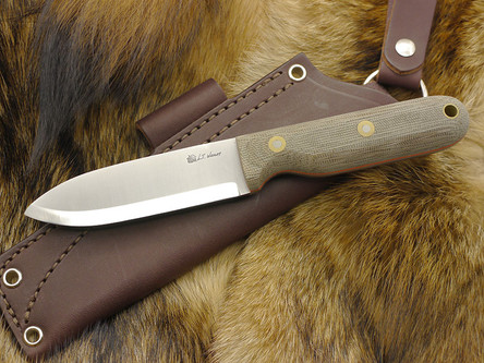 LT Wright Knives: Bushcrafter (Scandi Grind) Fixed Blade Knife w/ Green Canvas Micarta Handle & Orange Liners - Matte Finish