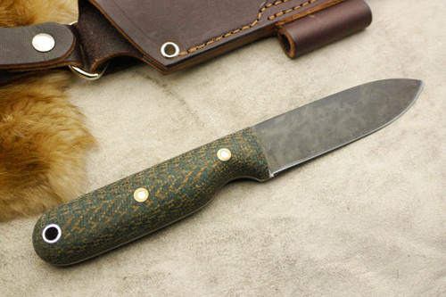 LT Wright Knives: Bushcrafter HC (Convex Grind) Fixed Blade Bushcraft Knife w/ Green Herringbone Micarta Handle - Matte Finish