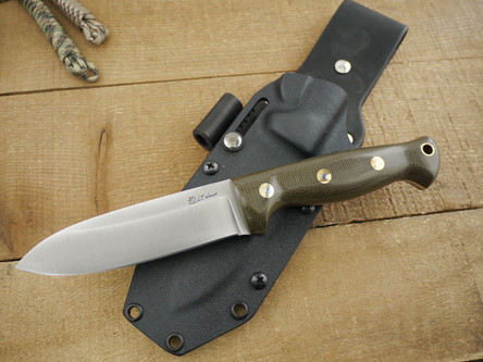 LT Wright Knives: Forest Trail (Saber Grind Spear Point) Fixed Blade Bushcraft Knife w/ Green Canvas Micarta Handle - Kydex Sheath