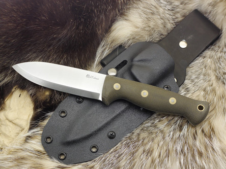 LT Wright Knives: Forest Trail (Scandi Grind Spear Point) Fixed Blade Bushcraft Knife w/ Green Canvas Micarta Handle Bead Blasted - Kydex Sheath
