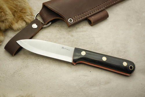 LT Wright Knives: Genesis (Scandi Grind) Fixed Blade Bushcraft Knife w/ Black Canvas Micarta Handle with Orange Liners Polished Finish - Leather Sheath