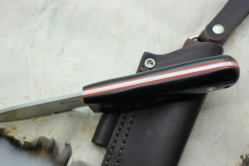 LT Wright Knives: Genesis (Scandi Grind) Fixed Blade Bushcraft Knife w/ Black Canvas Micarta Handle with Orange Liners Polished Finish - Leather Sheath LT Wright Knives: Genesis (Scandi Grind) Fixed Blade Bushcraft Knife w/ Black Canvas Micarta Handle with Orange Liners Polished Finish - Leather Sheath