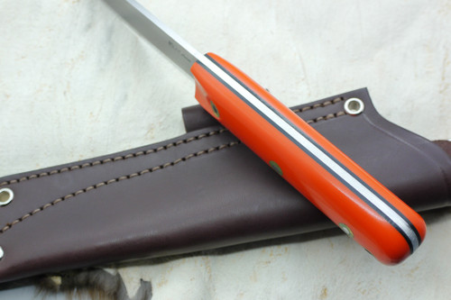 LT Wright Knives: Genesis (Scandi Grind) Fixed Blade Bushcraft Knife w/ Blaze Orange G10 Handle with Black Liners Polished Finish - Leather Sheath