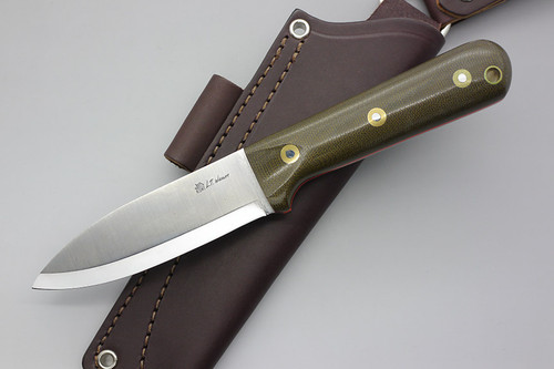 LT Wright Knives: Genesis (Scandi Grind) Fixed Blade Bushcraft Knife w/ Green Canvas Micarta Handle with Orange Liners Polished Finish - Leather Sheath