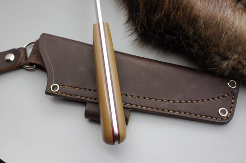 LT Wright Knives: Genesis (Scandi Grind) Fixed Blade Bushcraft Knife w/ Tan G10 Handle w/ Red Liners Polished Finish - Leather Sheath