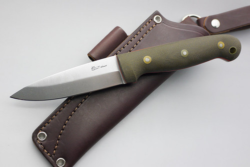 LT Wright Knives: GNS (Saber Grind) Fixed Blade Knife w/ Green Canvas Micarta Handle & Orange Liners