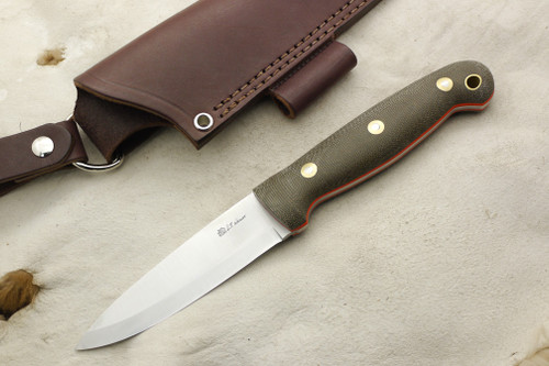 LT Wright Knives: GNS (Scandi Grind) Fixed Blade Knife w/ Green Canvas Micarta Handle & Orange Liners - Matte Finish