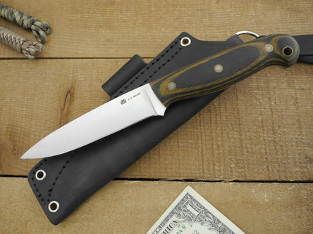 LT Wright Knives: JET (Flat Grind) Fixed Blade Knife w/ Natural & Black Canvas Micarta Handle - Matte Finish