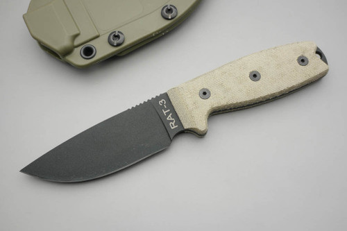 Ontario RAT-3, 3.4" Black 1095 Fixed Blade Knife w/ Micarta Handle & OD Green Plastic Sheath