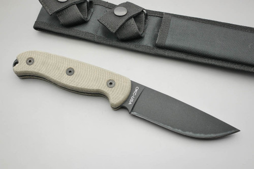 Ontario TAK-1, 4.4" Black 1075 Fixed Blade, Wilderness Bushcraft Survival Knife w/ Micarta Handle & Nylon MOLLE Sheath Ontario TAK-1, 4.4" Black 1075 Fixed Blade, Wilderness Bushcraft Survival Knife w/ Micarta Handle & Nylon MOLLE Sheath