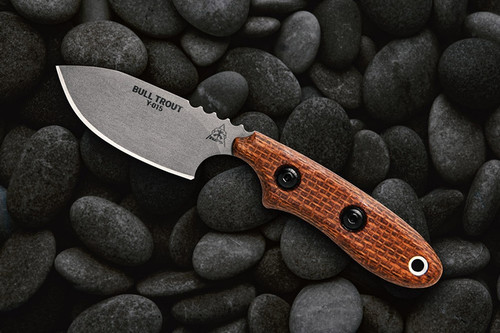 TOPS Knives Bull Trout - Tumble Finish - 2.75" Blade - 154cm Steel - Brown Burlap Micarta Handle TOPS Knives Bull Trout - Tumble Finish - 2.75" Blade - 154cm Steel - Brown Burlap Micarta Handle