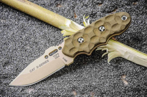 TOPS Knives C.A.T., 200S-04 - Hunter Point - Coyote Tan Blade - Green Canvas Micarta Rocky Mountain Bulls-eye Scales TOPS Knives C.A.T., 200S-04 - Hunter Point - Coyote Tan Blade - Green Canvas Micarta Rocky Mountain Bulls-eye Scales