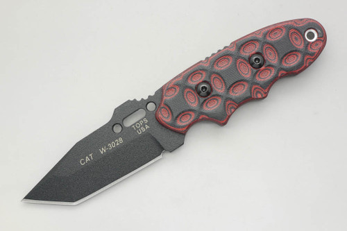 TOPS Knives C.A.T., 203T-02 - Tanto Point - Black Traction Coated Blade - Red and Black G10 Rocky Mountain Bulls-eye Scales