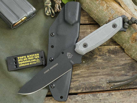 TOPS Knives Dawn Warrior, DW-33 - Black Traction Coated 5.5" Blade - Black Linen Micarta Handle TOPS Knives Dawn Warrior, DW-33 - Black Traction Coated 5.5" Blade - Black Linen Micarta Handle