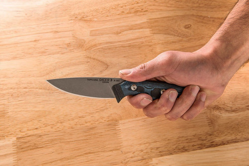 TOPS Knives Dicer 3 Paring Knife - Tumble Finish - 3.5" Blade - CPM S35VN Steel - Black Canvas Micarta/Blue and Black G10 Handle TOPS Knives Dicer 3 Paring Knife - Tumble Finish - 3.5" Blade - CPM S35VN Steel - Black Canvas Micarta/Blue and Black G10 Handle
